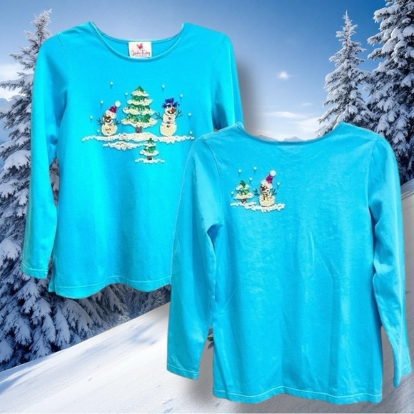 Quacker Factory Tops - Beaded & Sequined Front & Back Snowman Turquoise Cotton Long Sleeve Tee Size Med